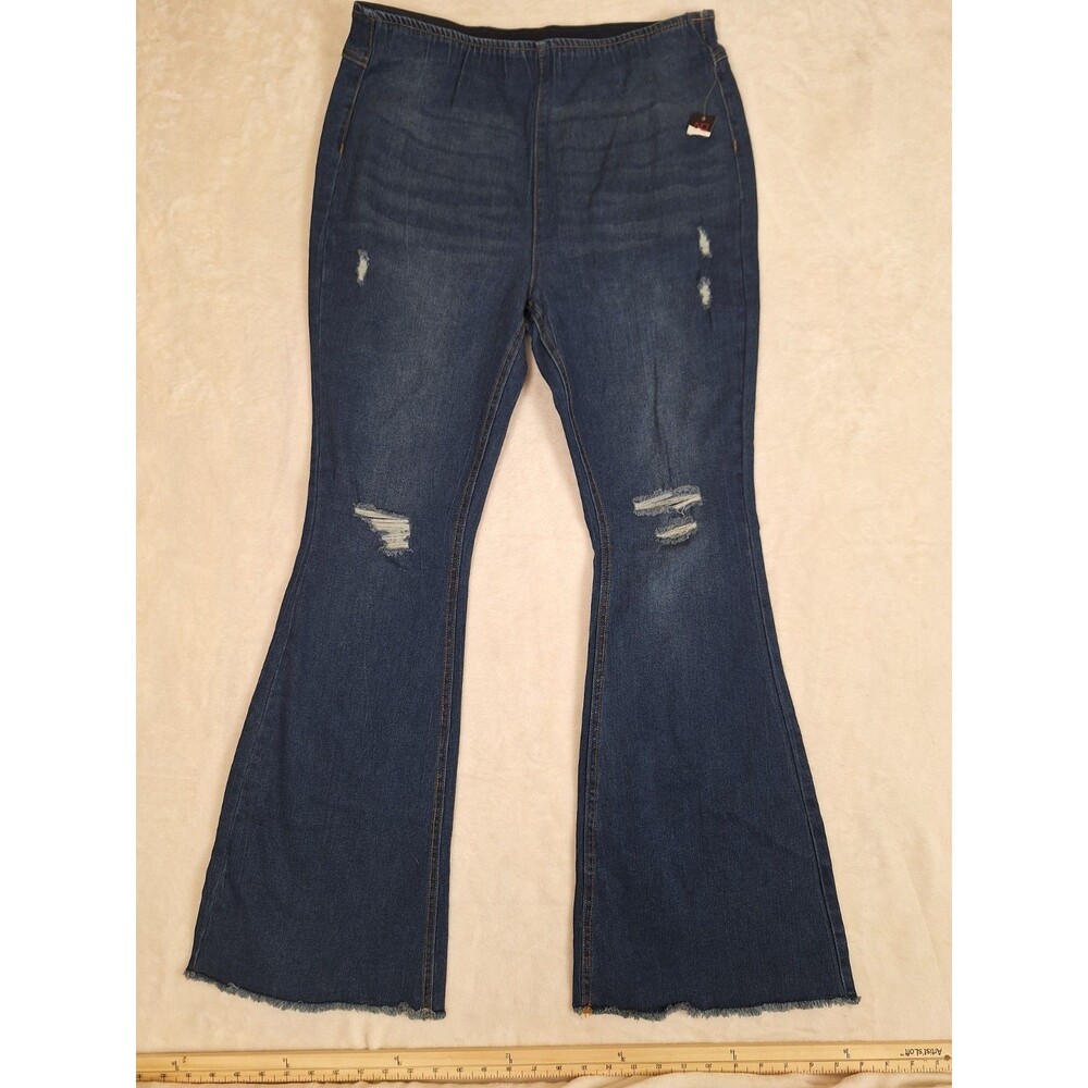 Women's Dark Blue Flare Jeans with Distressed Detail